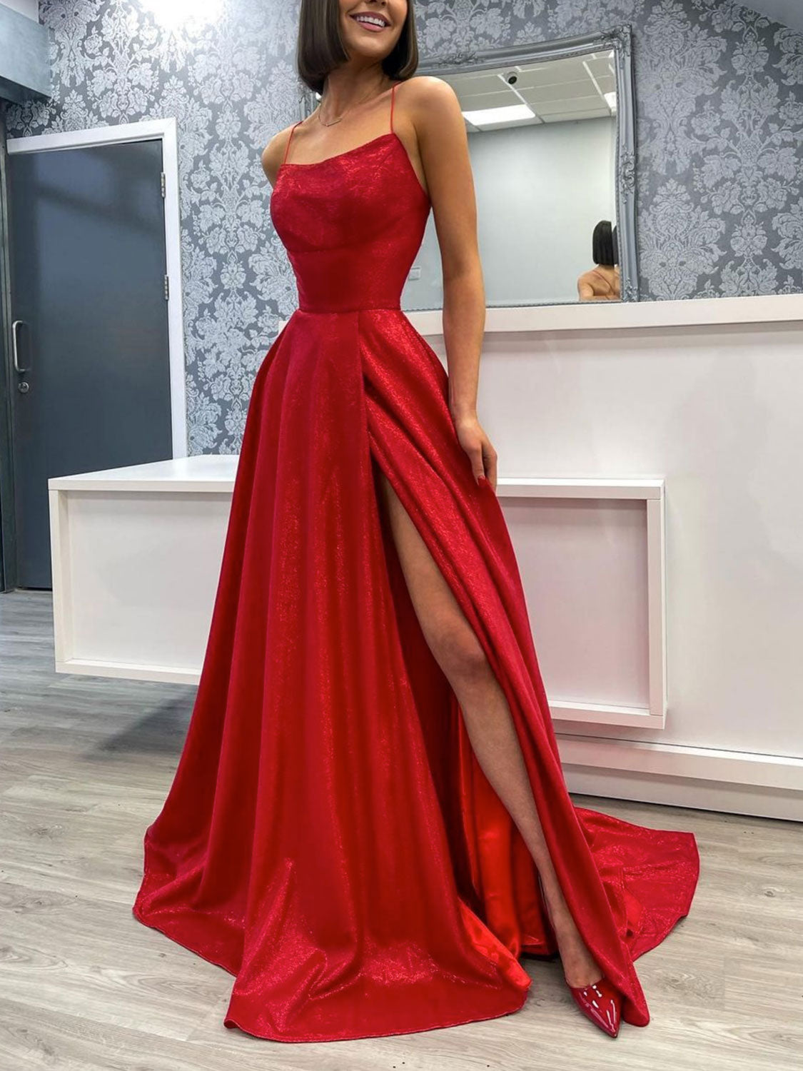 Simple burgundy satin long prom dress, evening dress