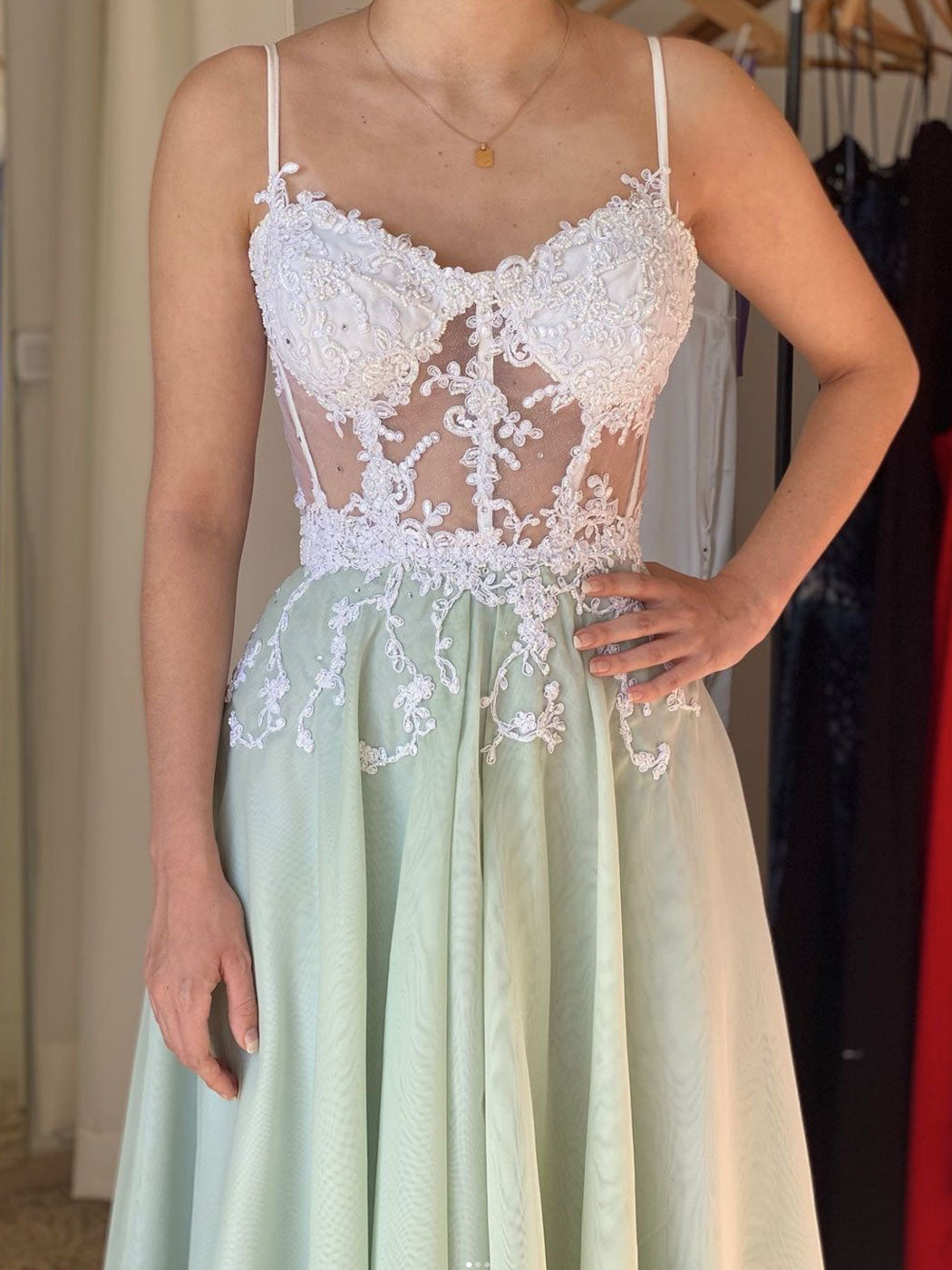 Green A line chiffon lace long prom dress, green evening dress