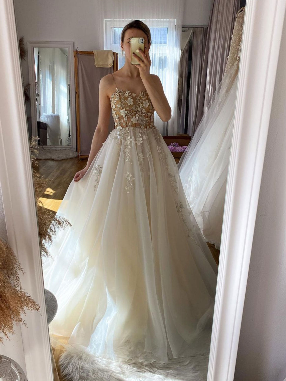 Champagne Aline tulle lace long prom dress, champagne evening dress