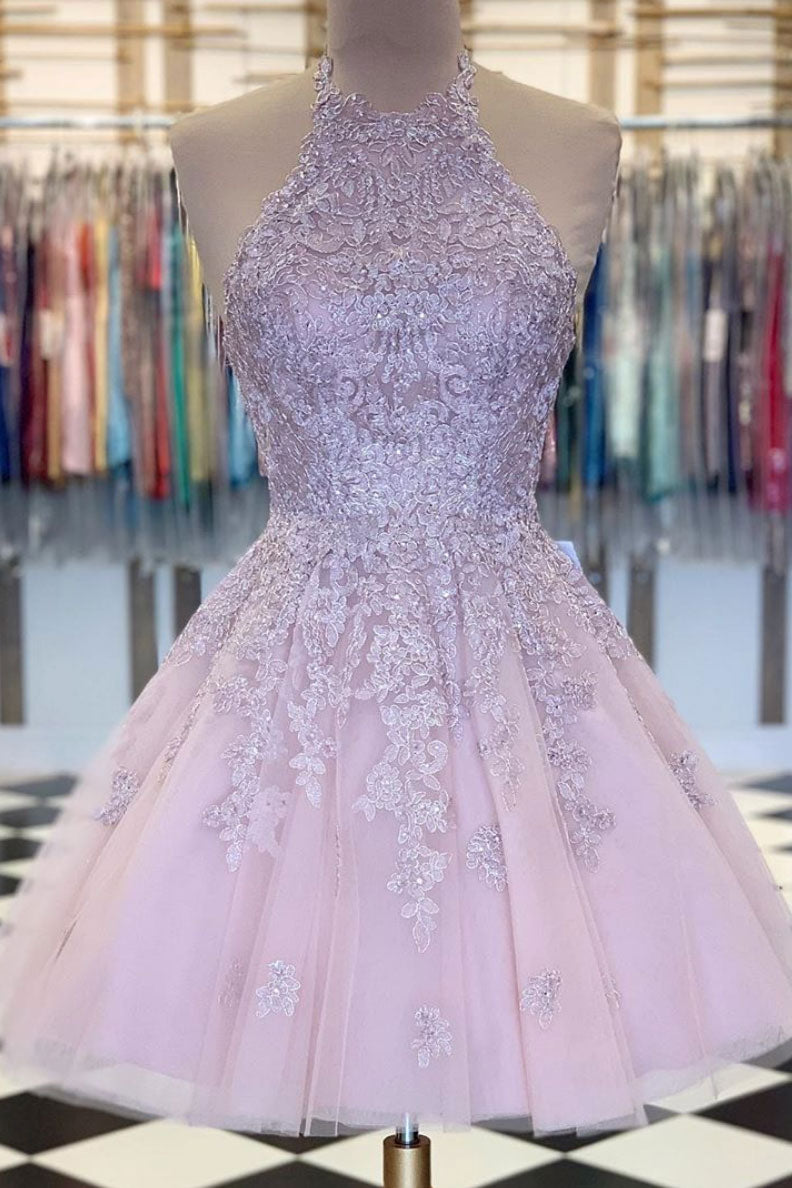 Pink high neck tulle lace short prom dress, pink evening dress Pink high neck tulle lace short prom dress, pink evening dress