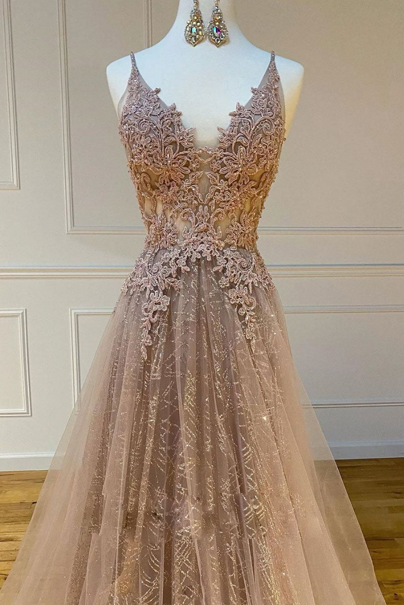 Champagne v neck tulle lace long prom dress champagne evening dress