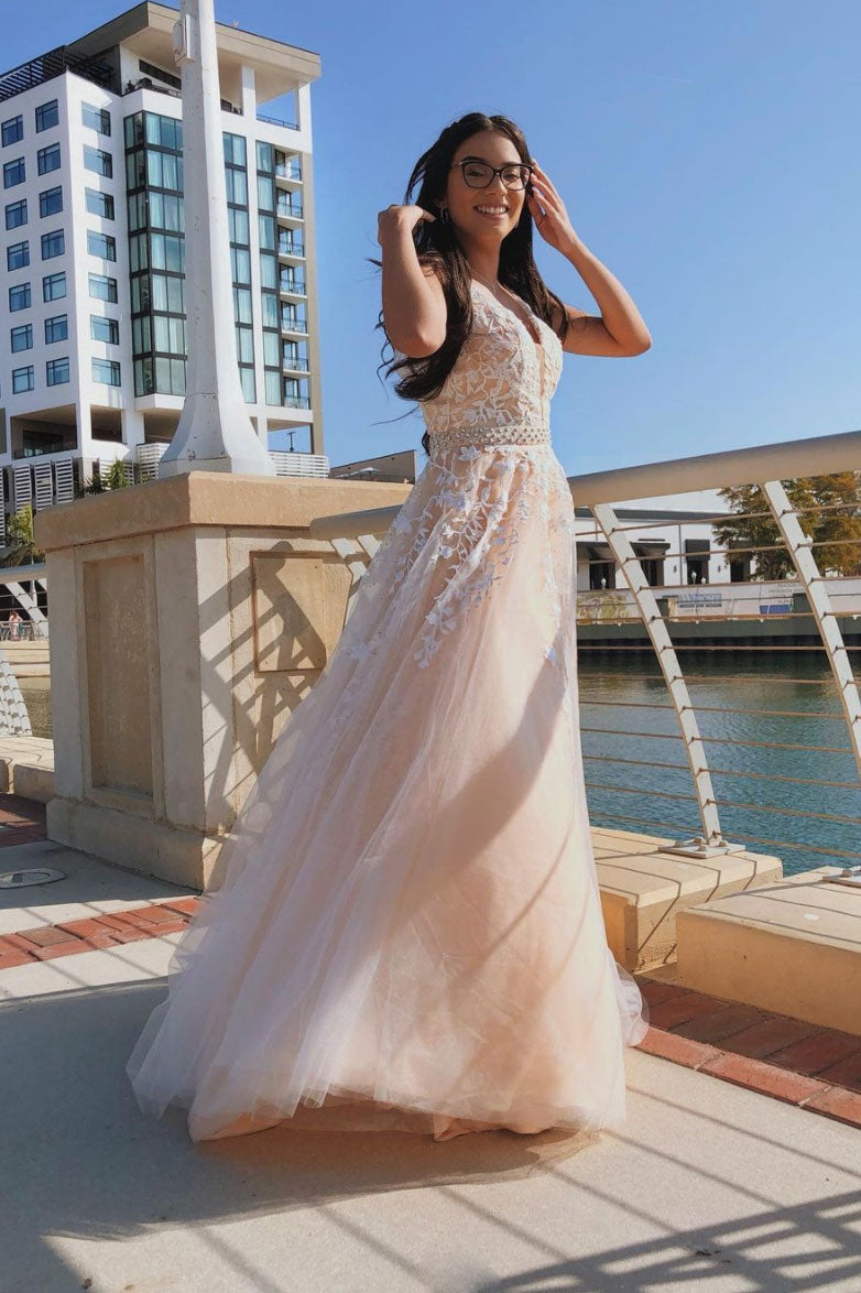 Pink v neck tulle lace long prom dress pink tulle. formal dress