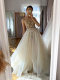 Champagne Aline tulle lace long prom dress, champagne evening dress
