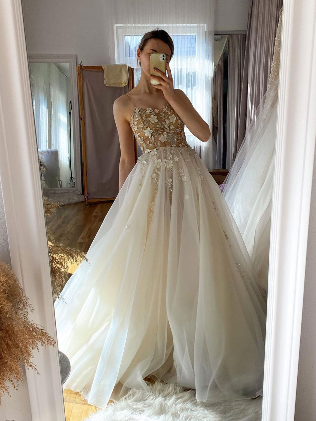 Champagne Aline tulle lace long prom dress, champagne evening dress