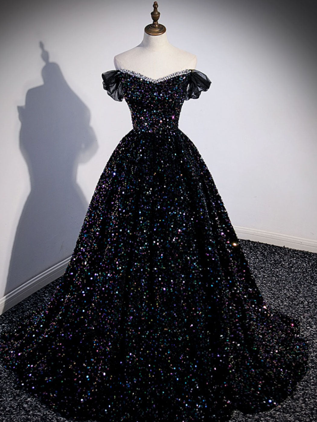 A-Line Sequin Black Long Prom Dress, Off Shoulder Black Evening Dress dresstby A-Line Sequin Black Long Prom Dress, Off Shoulder Black Evening Dress dresstby