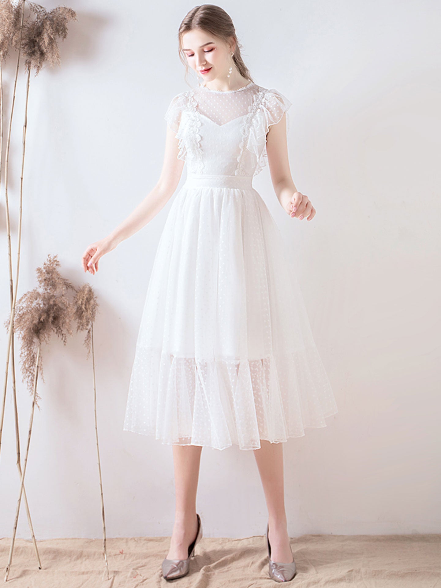 White round neck tulle lace short prom dress, lace bridesmaid dress dresstby White round neck tulle lace short prom dress, lace bridesmaid dress dresstby