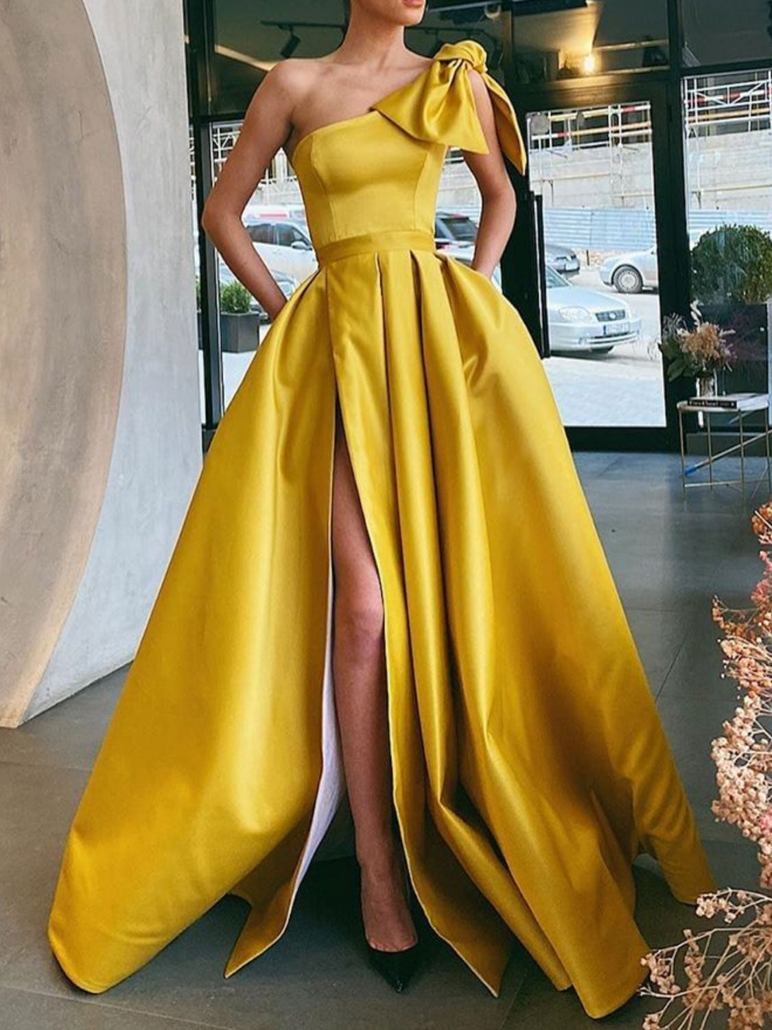 Yellow satin long prom dress, yellow evening dress