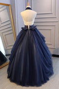 Blue tulle lace long prom dress, blue tulle lace evening dress