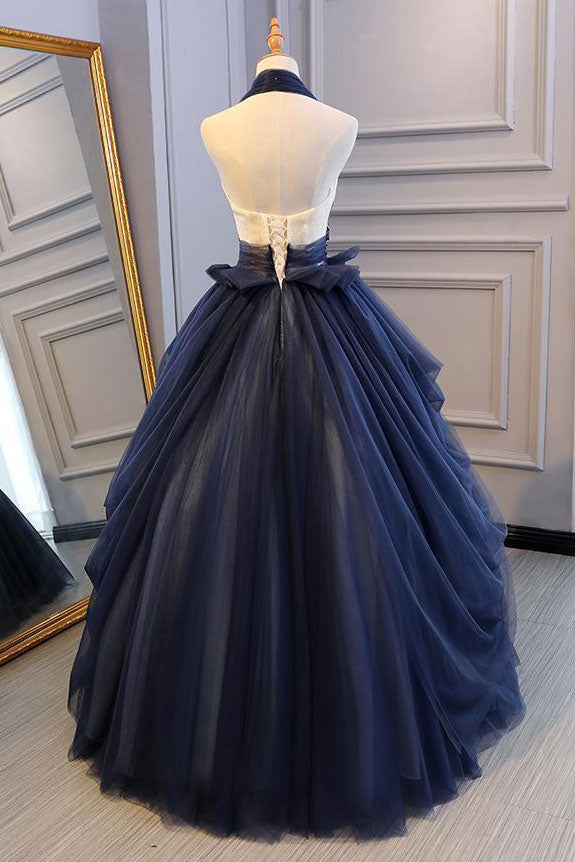Blue tulle lace long prom dress, blue tulle lace evening dress