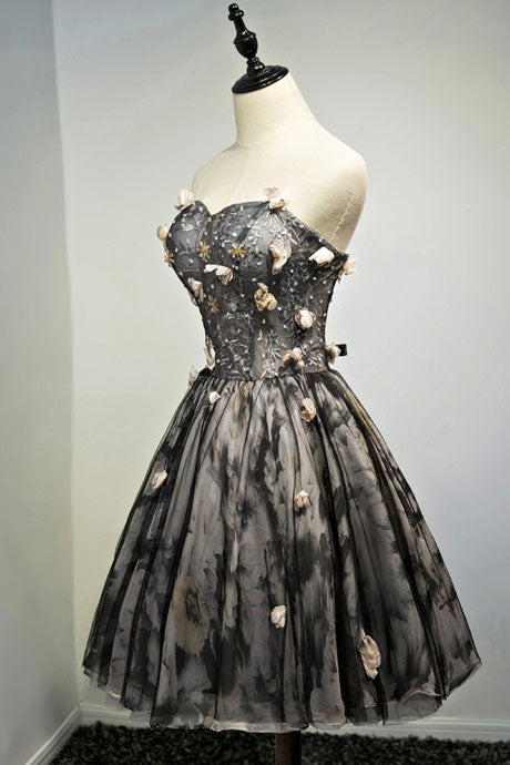 Black tulle lace short prom dress, black homecoming dress
