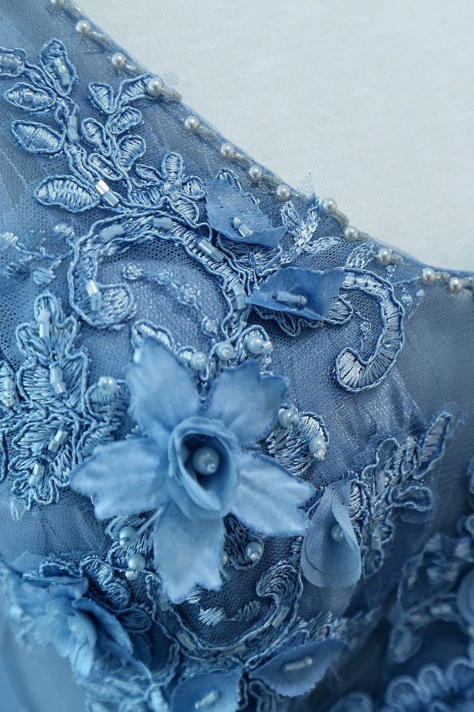 Blue v neck tulle lace long prom dress, blue tulle evening dress