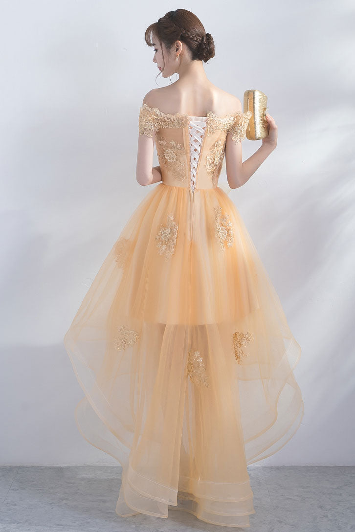 Cute champagne tulle high low prom dress, champagne homecoming dress