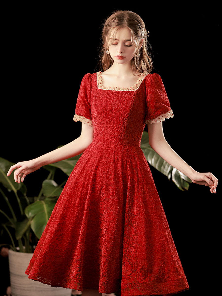 Burgundy lace short prom dress, burgundy lace homecoming dress