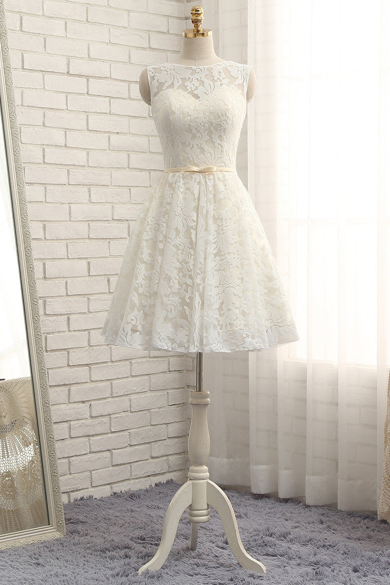 Cute pink round neck lace short prom dress, bridesmaid dress
