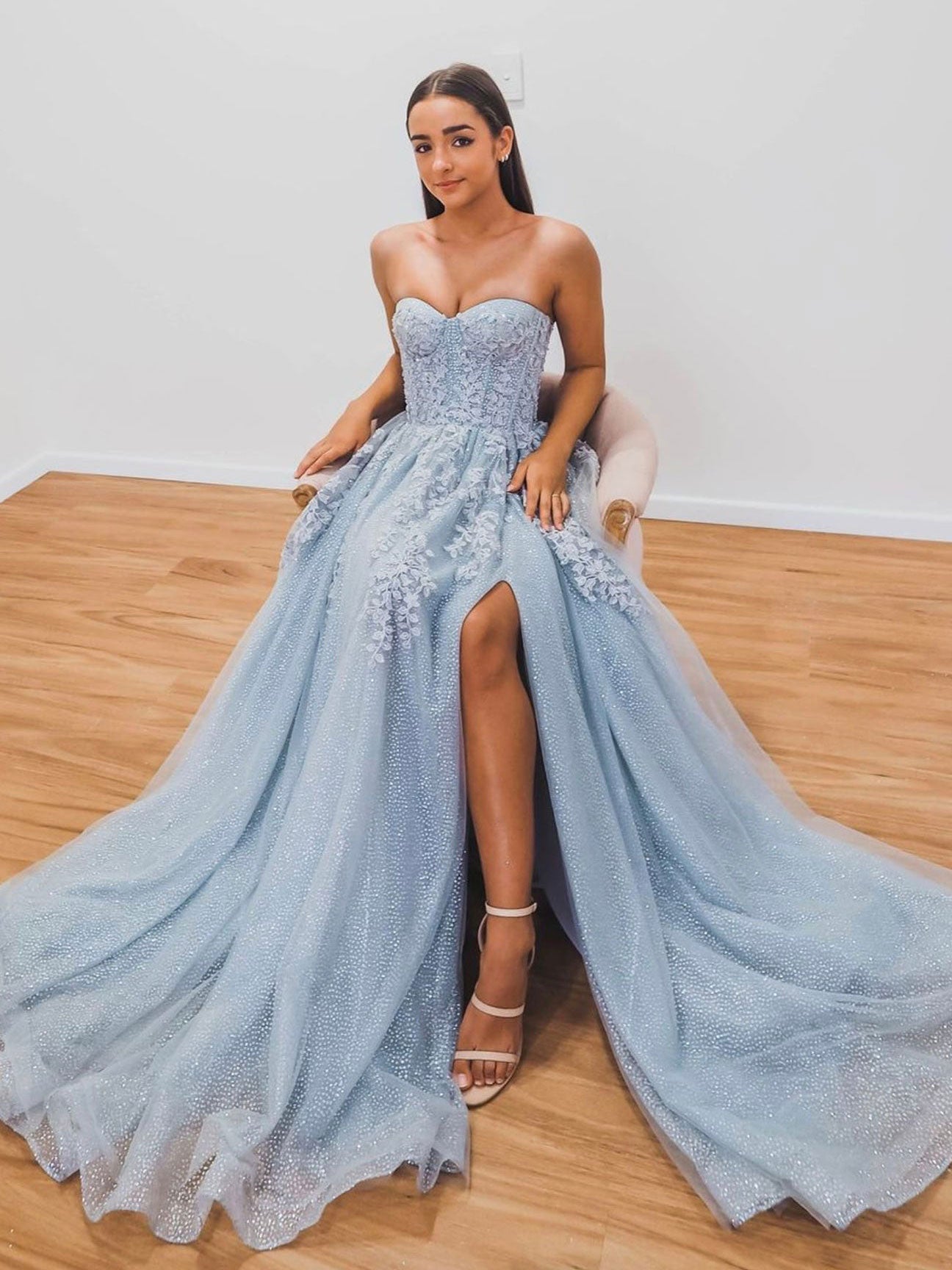 Gray blue tulle sequin long prom dress, gray blue tulle evening dress