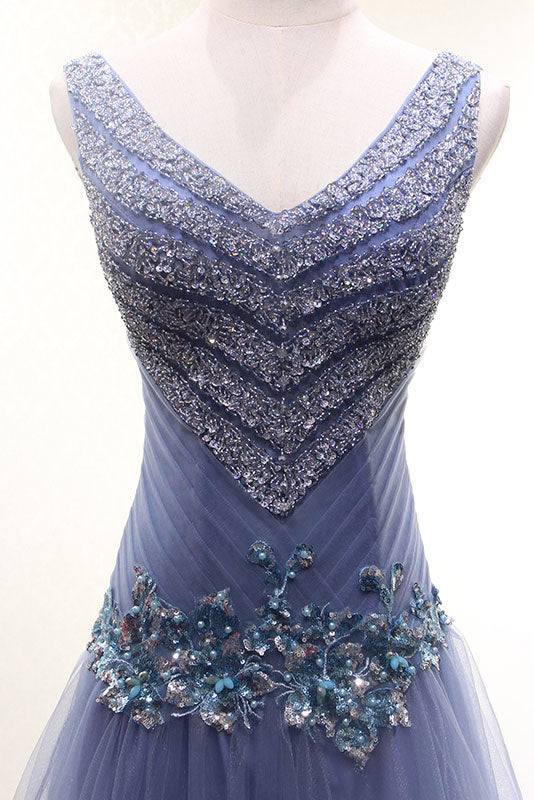 Unique v neck tulle beads long prom dress, tulle evening dress