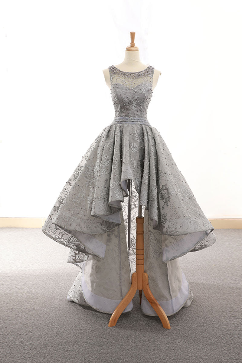 grey high low prom dress Long Ruffled Prom Dress with Sheer Corset Silver / Large