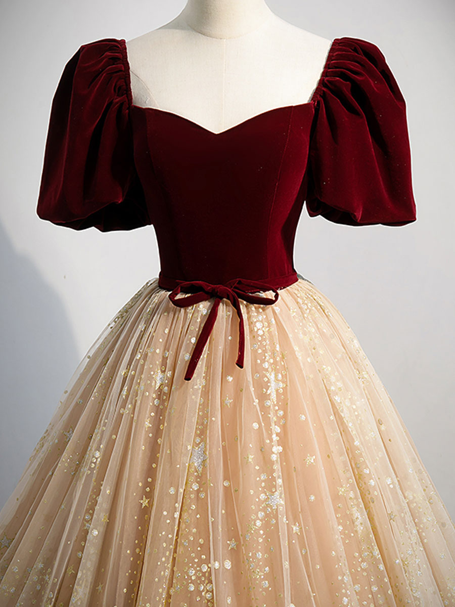 Champagne tulle long prom dress, A line tulle evening dress