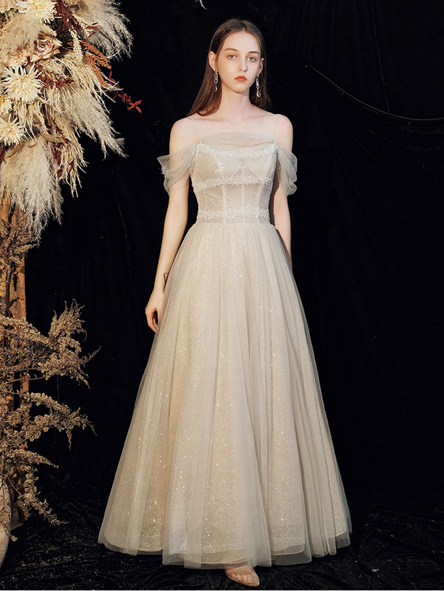 Champagne tulle sequin long prom dress, tulle formal dress dresstby Champagne tulle sequin long prom dress, tulle formal dress dresstby