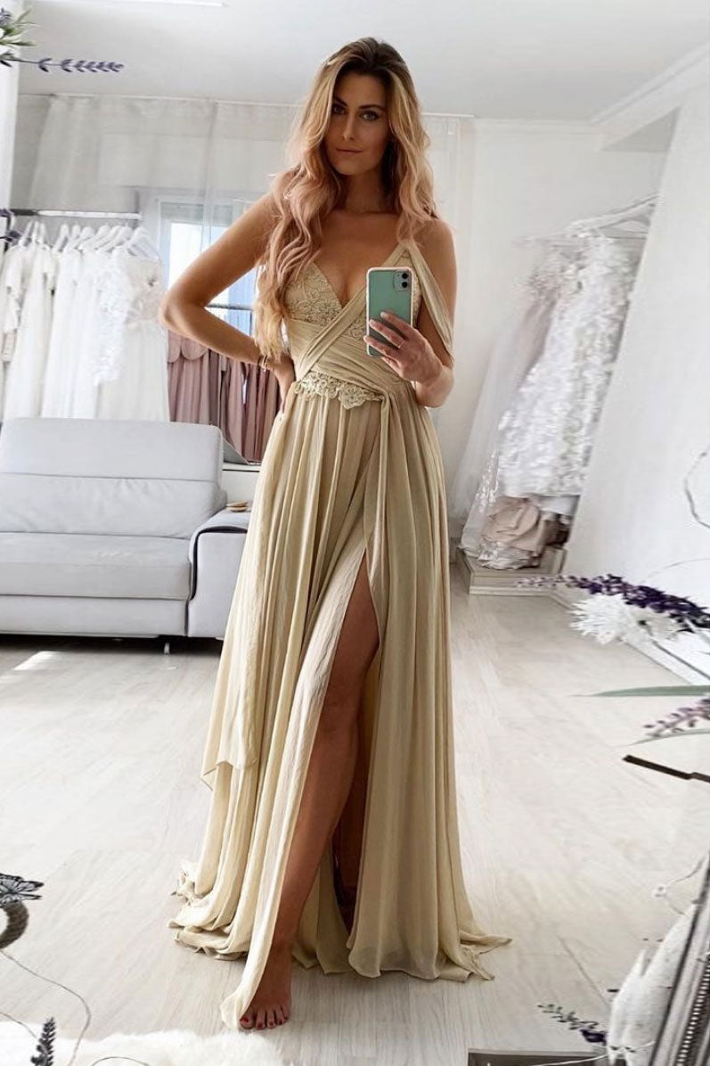 Champagne v neck chiffon lace long prom dress lace formal dress Champagne v neck chiffon lace long prom dress lace formal dress