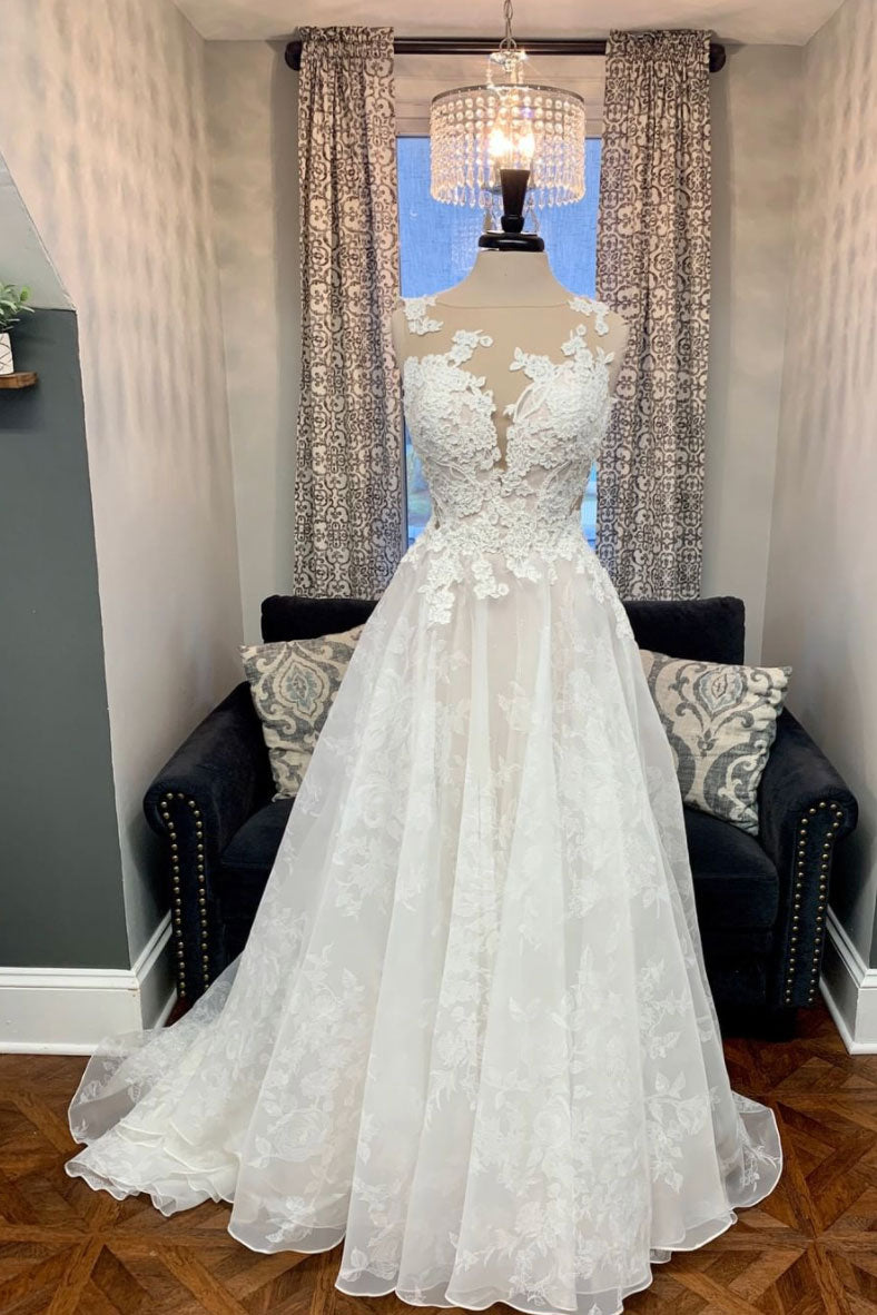 White round neck tulle lace long prom dress lace formal dress