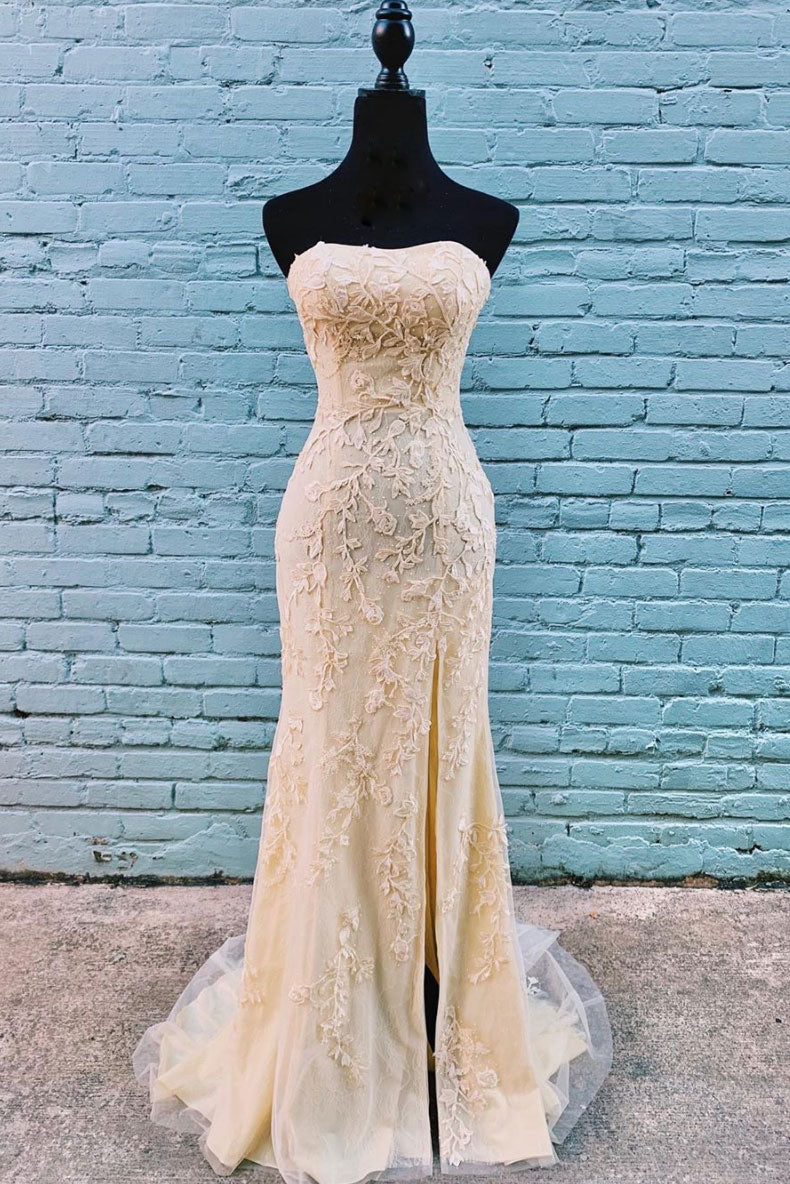 Champagne sweetheart tulle lace mermaid long prom dress