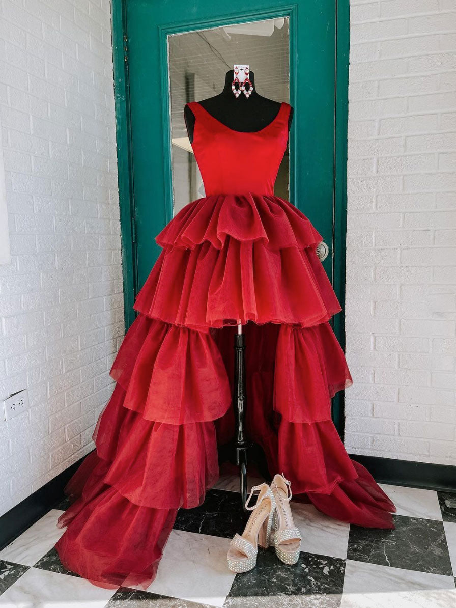 Burgundy round neck tulle high low prom dress, red homecoming dress dresstby Burgundy round neck tulle high low prom dress, red homecoming dress dresstby