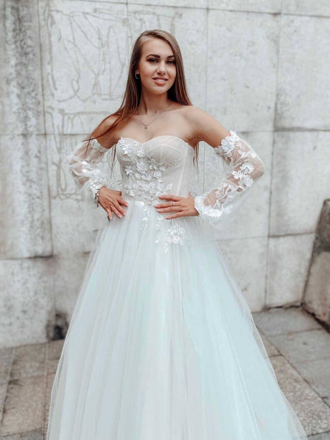 White tulle lace long prom dress, white lace evening dress