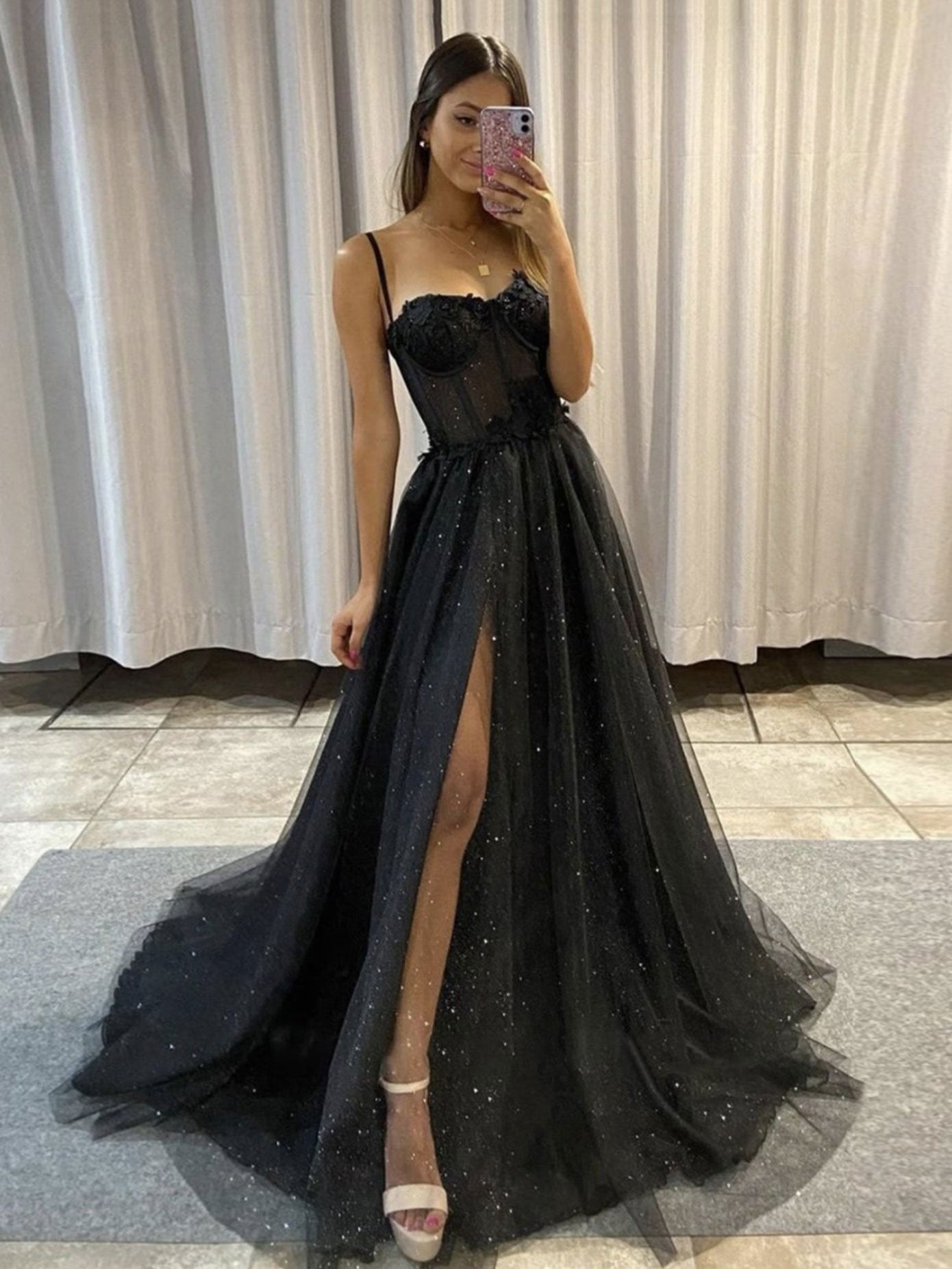 Black sweetheart neck tulle lace long prom dress, black evening dress dresstby Black sweetheart neck tulle lace long prom dress, black evening dress dresstby