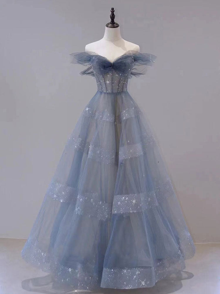 Simple blue tulle sequin long prom dress, blue tulle formal dress