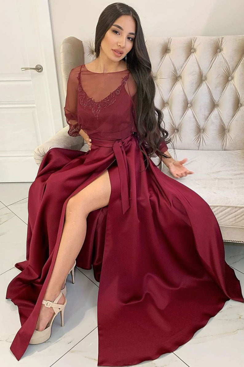 Maroon satin long prom dress round neck satin evening dress dresstby Maroon satin long prom dress round neck satin evening dress dresstby