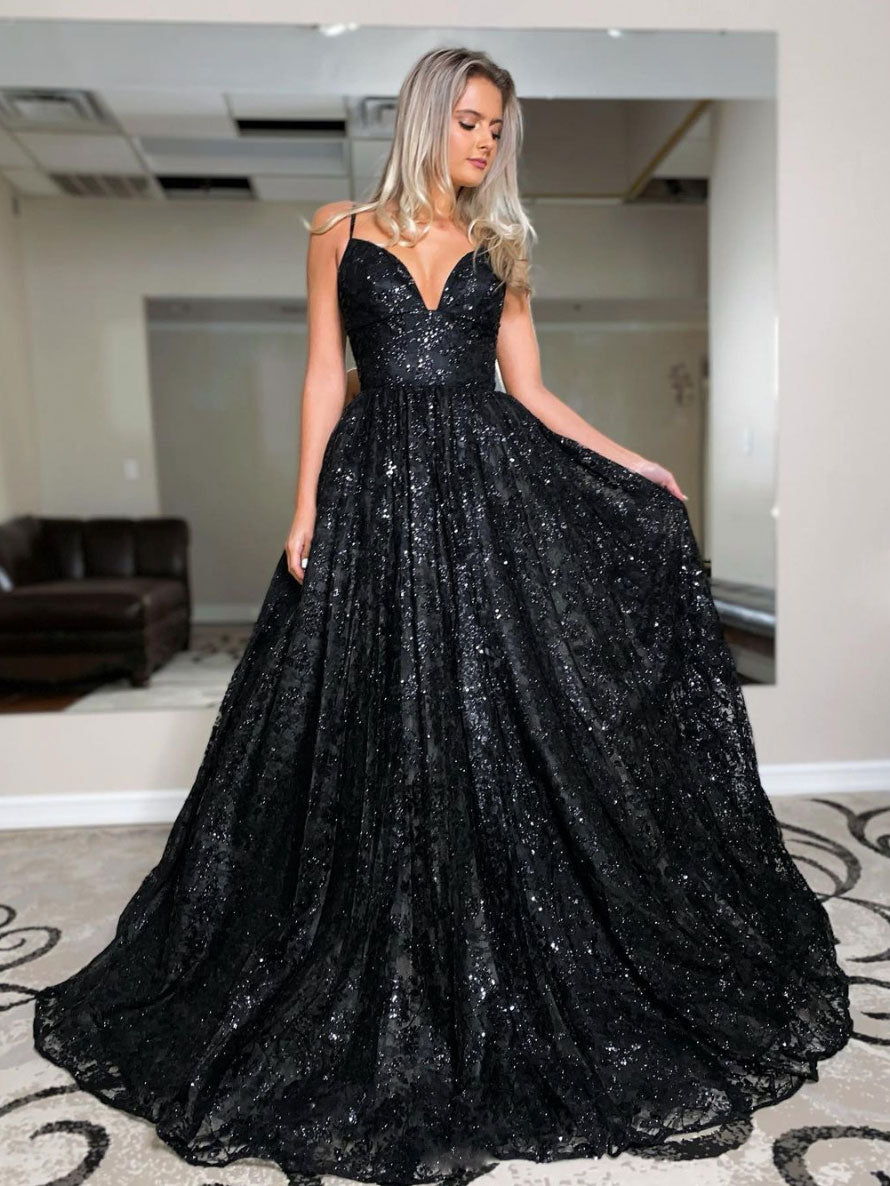 Black tulle sequin long prom dress, black evening dress dresstby Black tulle sequin long prom dress, black evening dress dresstby