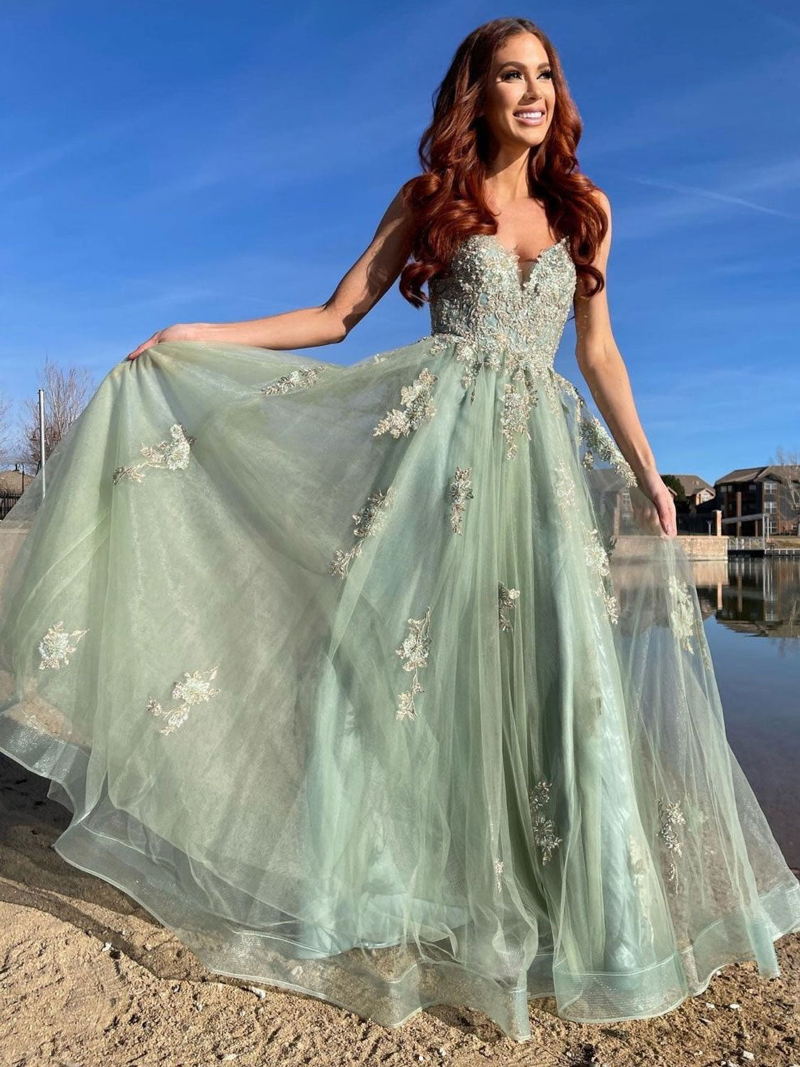 Green tulle lace long prom dress, green tulle lace formal dress dresstby Green tulle lace long prom dress, green tulle lace formal dress dresstby