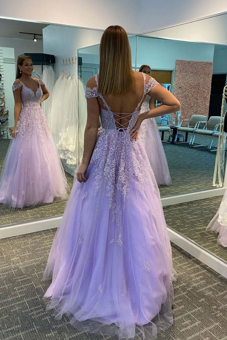 Purple tulle long prom dress purple lace long evening dress – dresstby