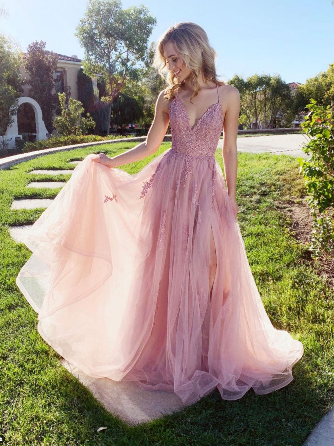 Pink v neck lace tulle long prom dress, pink tulle lace evening dress