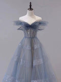 Blue tulle sequin long prom dress, blue tulle formal dress