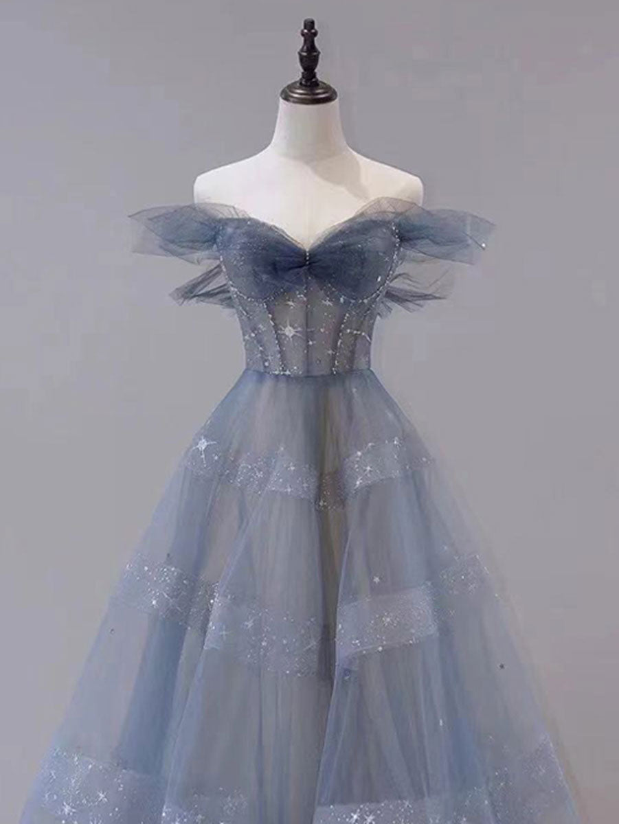 Blue tulle sequin long prom dress, blue tulle formal dress
