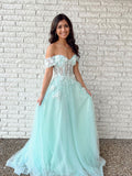 Green tulle A line lace long prom dress, green lace evening dress