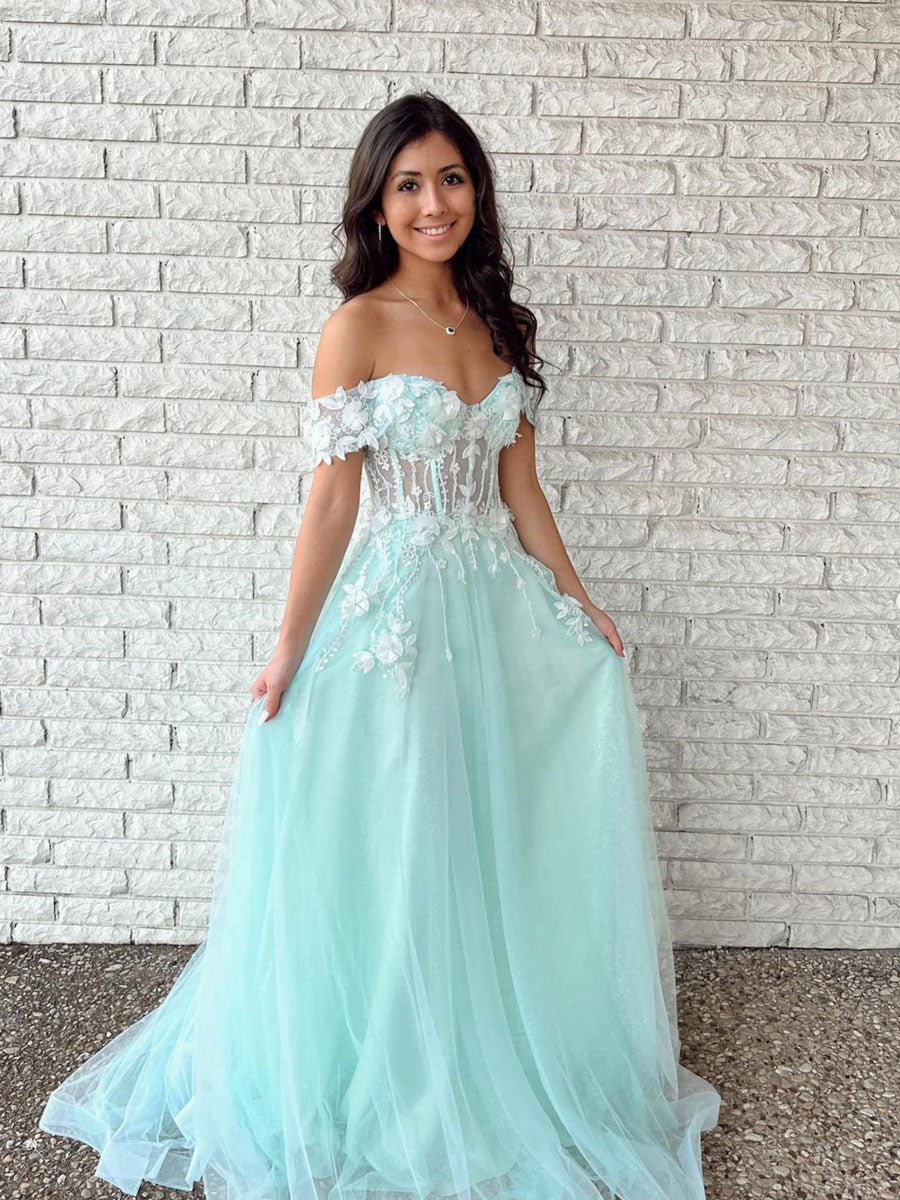 Green tulle A line lace long prom dress, green lace evening dress
