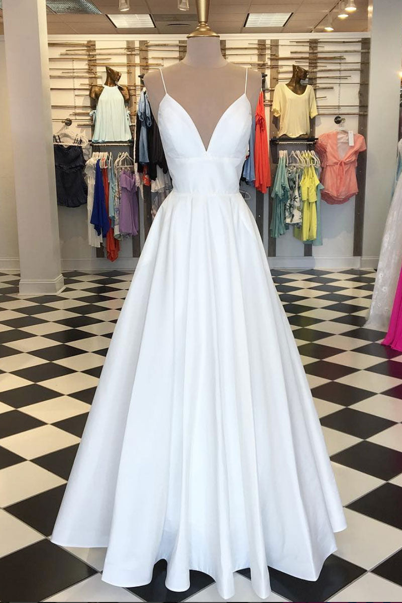 White v neck satin long prom dress, white evening dress