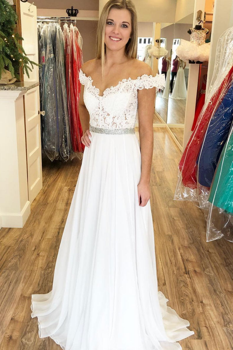 White lace off shoulder chiffon long prom dress lace evening dress