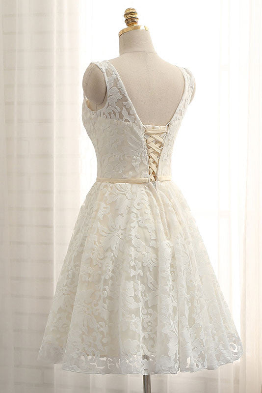 Cute pink round neck lace short prom dress, bridesmaid dress