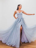 Gray blue tulle sequin long prom dress, gray blue tulle evening dress