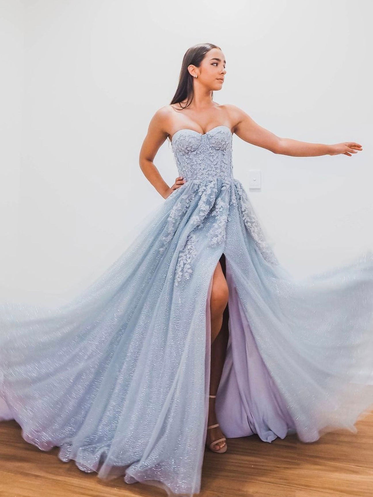 Gray blue tulle sequin long prom dress, gray blue tulle evening dress