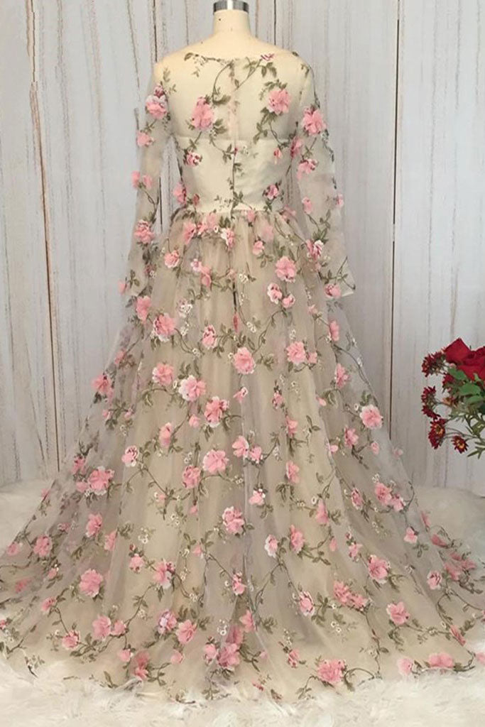 Unique round neck tulle 3D applique long prom dress, tulle evening dress