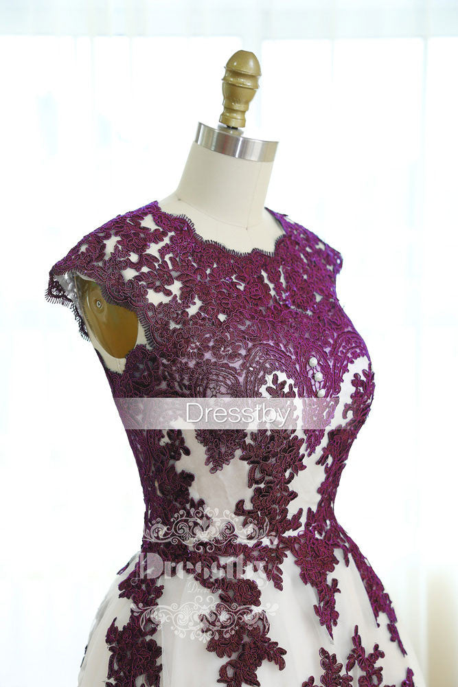 Burgundy lace tulle long prom dress, burgundy bridesmaid dress