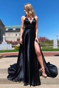 Simple v neck black evening dress black formal dress