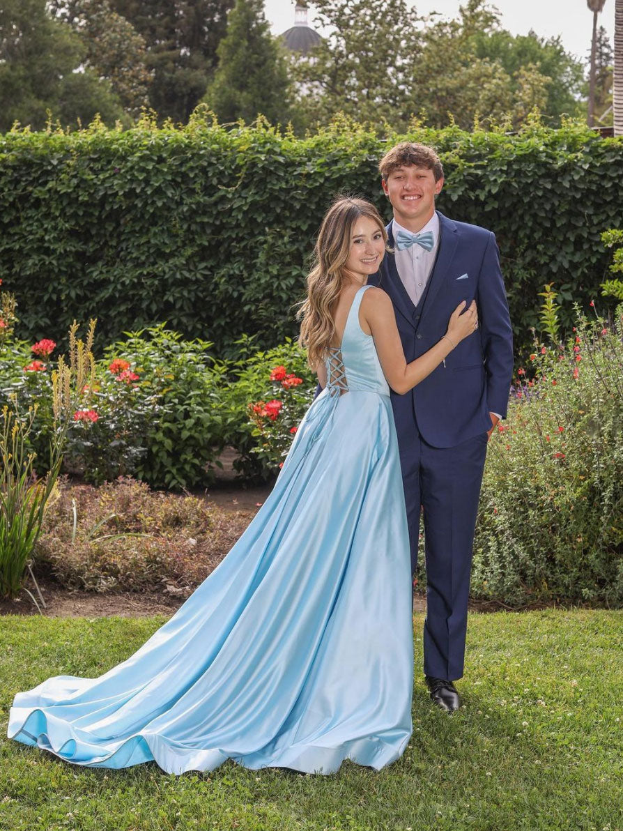 Blue satin long prom dress blue satin evening dress