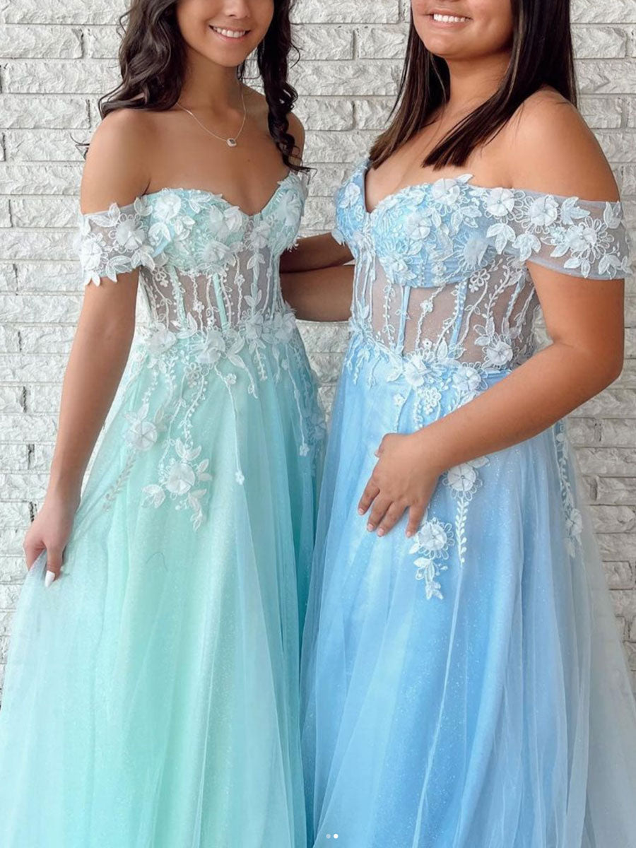 Green tulle A line lace long prom dress, green lace evening dress