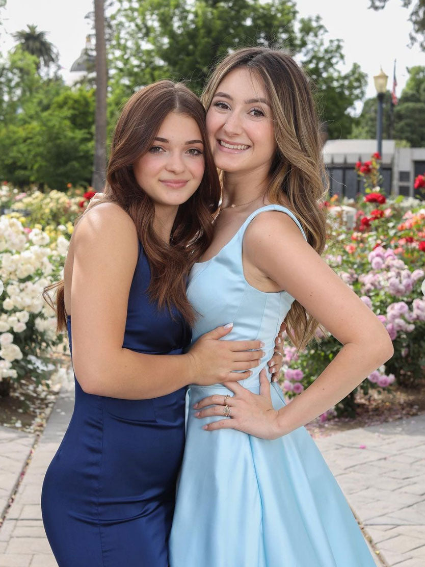 Blue satin long prom dress blue satin evening dress